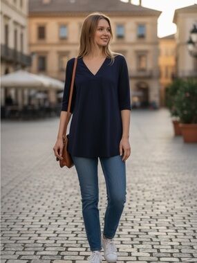 PerSeption Concept Navy V-Neck Tunic with 3/4 Sleeves